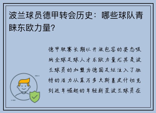 波兰球员德甲转会历史：哪些球队青睐东欧力量？