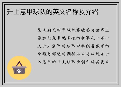 升上意甲球队的英文名称及介绍